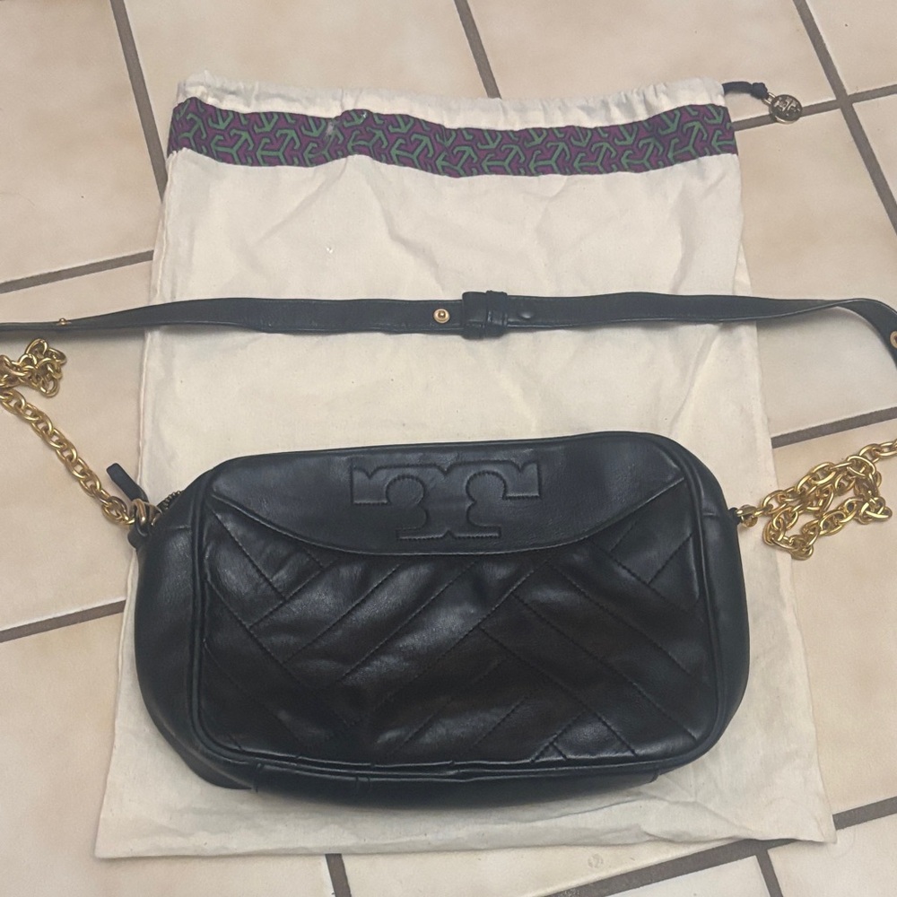 Tory Burch Black Leather Crossbody Bag with Gold Chain